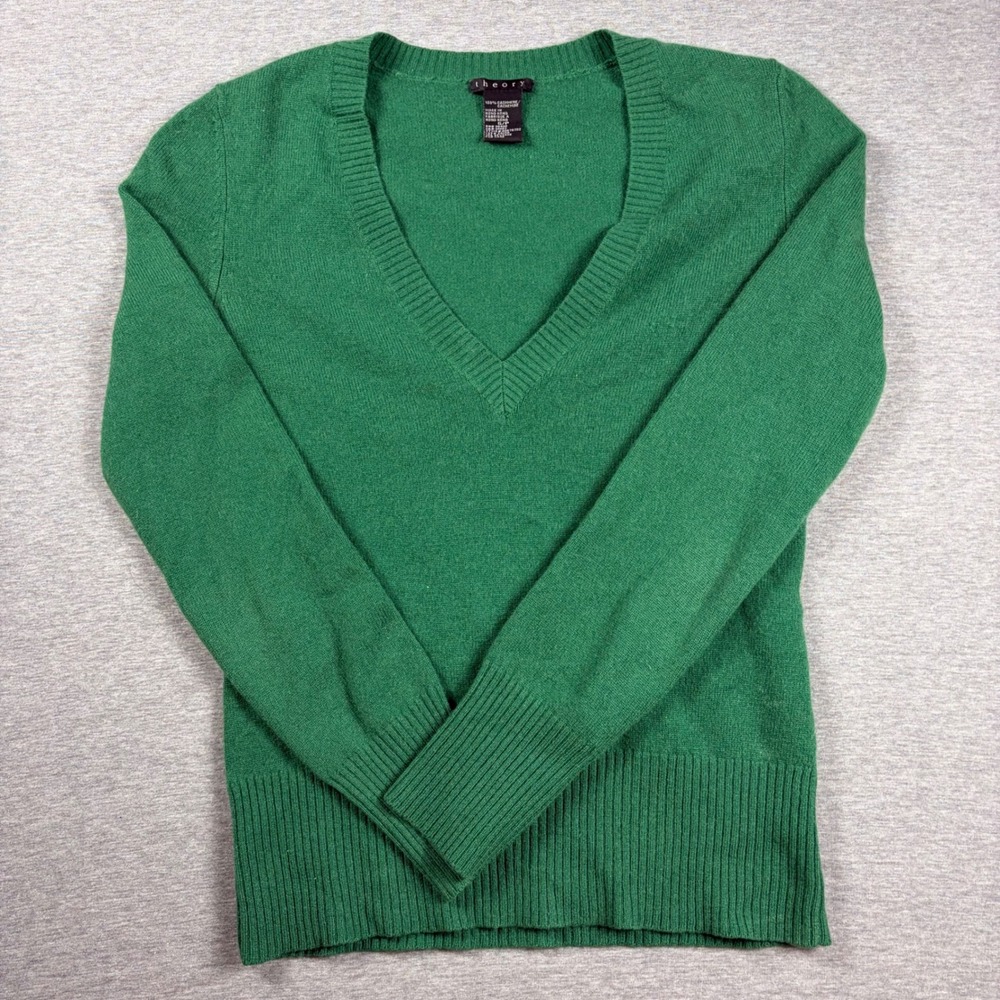 Theory V-Neck Sweater S Green Cashmere Knit Long Sleeve Pullover